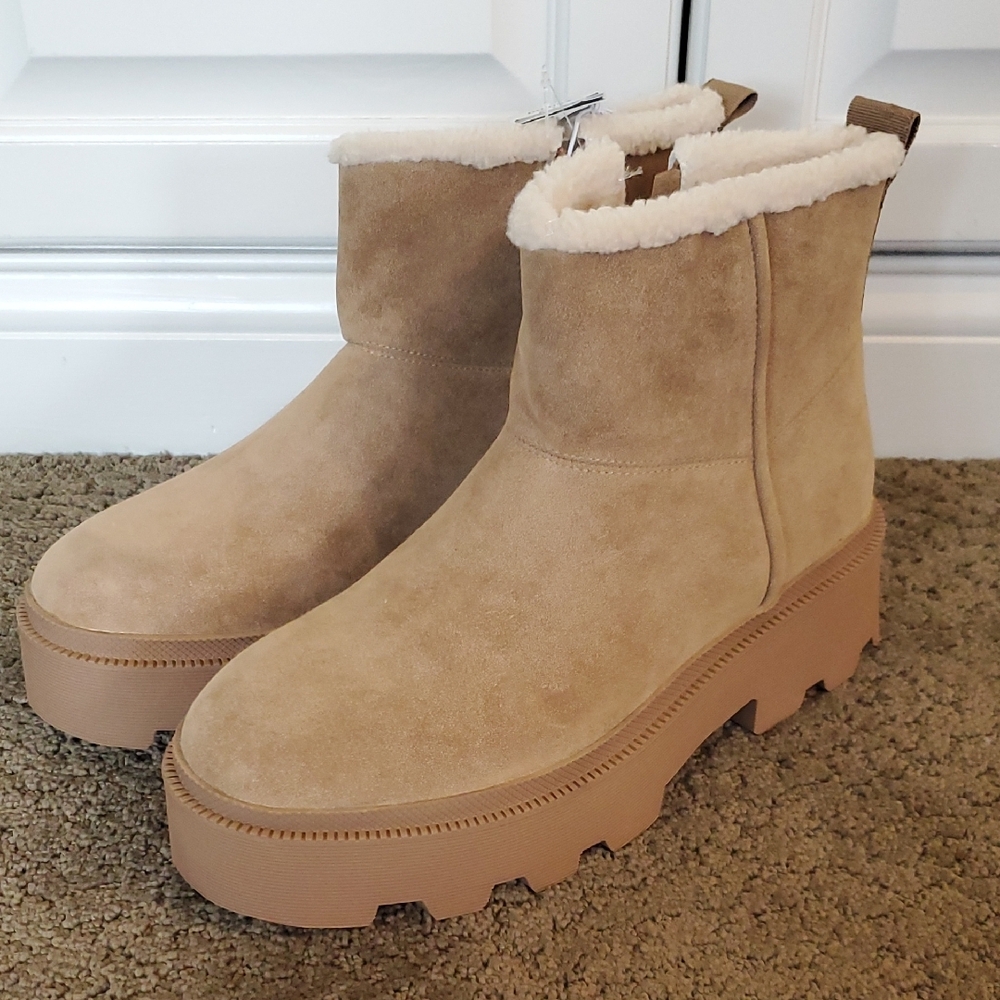 Women Jodi Tan Suede Platform Ankle Boots with Shearling Lining Size 11 NWT